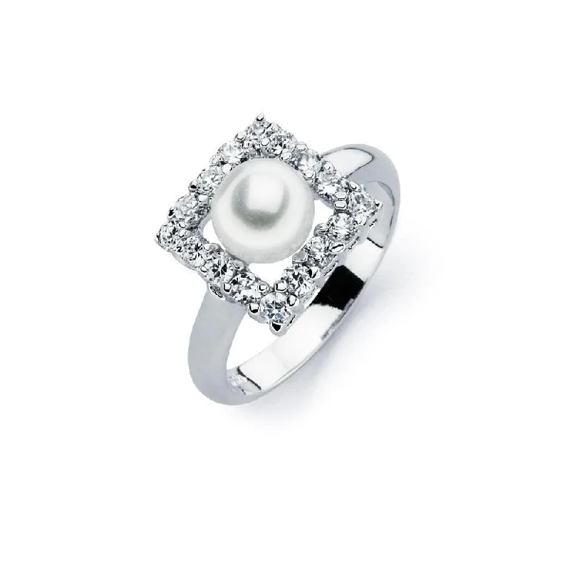 Silver 925 Rhodium Plated Fresh Water Pearl Center Clear Square CZ Ring - BGR00584