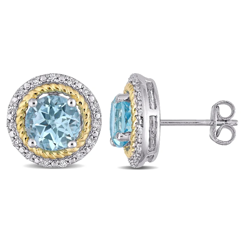 Miadora 2-tone White & Yellow Sterling Silver Blue Topaz & 1/6ct TDW Diamond Halo Stud Earrings