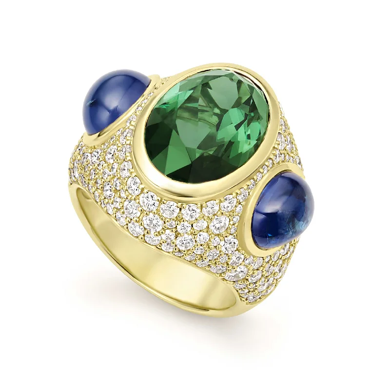 Studio 18K Gold Green Tourmaline and Blue Sapphire Diamond Ring