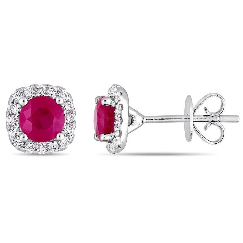 Miadora Signature Collection 14k White Gold Ruby and 1/4ct TDW Diamond Halo Stud Earrings - Red