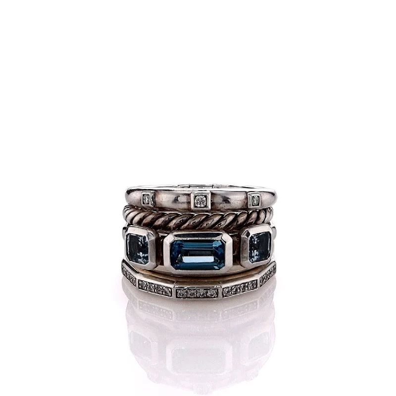 Estate David Yurman Sterling Silver Stax 5 Row Blue Topaz and Diamond Ring