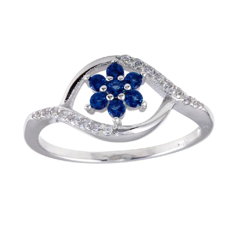 Rhodium Plated 925 Sterling Silver Wave Blue Center Flower CZ Ring - BGR01252BLU