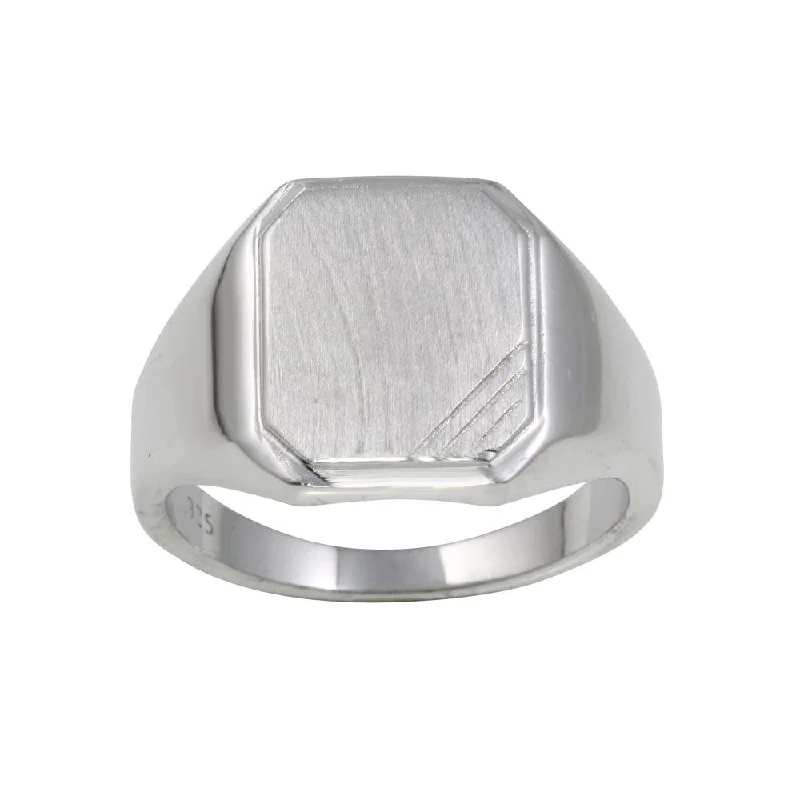 Rhodium Plated 925 Sterling Silver Men's Engravable Octagon Ring with Matte Finish - BGR01241