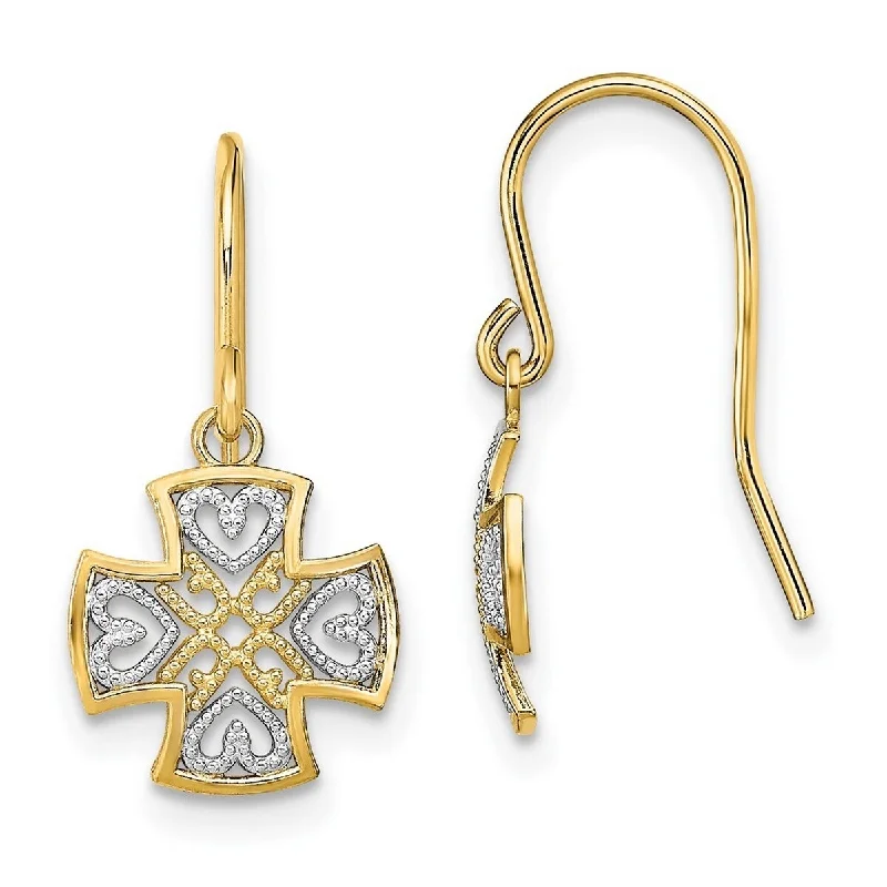 Curata 14k Gold 10mm Mini Maltese Religious Faith Cross Wire Earrings With White Love Hearts and D C - 19x10mm Wide