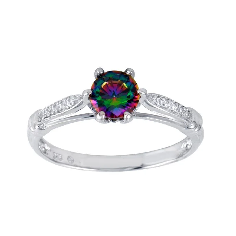 Rhodium Plated 925 Sterling Silver Oval Solitaire Synthetic Mystic Topaz CZ Ring - BGR01262