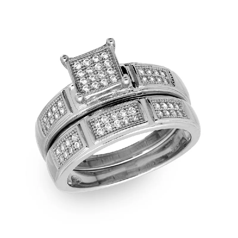 Silver 925 Rhodium Plated Square Pave Center Trio Bridal Ring - GMR00174