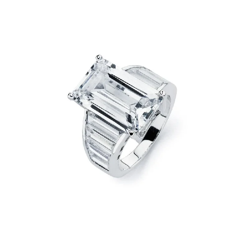 Silver 925 Rhodium Plated Clear Baguette CZ Rectangular Bridal Ring - BGR00592