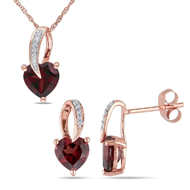 Miadora 10k Rose Gold Heart-cut Garnet and diamond Loop Drop Necklace and Earrings Set