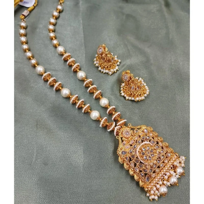 Akruti Collection Gold Plated Crystal Stone Pearls Long Necklace Set