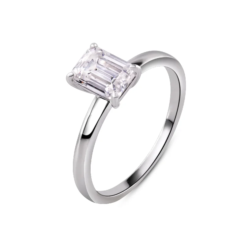 Rhodium Plated 925 Sterling Silver Baguette 1 Carat Moissanite Stone Engagement Ring - MBGR00017