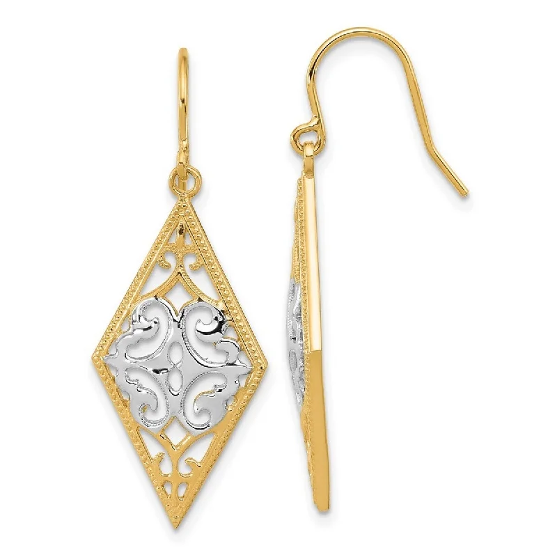 Curata 14k Two Tone Gold Rhodium Diamond Shape Filigree Long Drop Dangle Hook Earrings 14x39mm