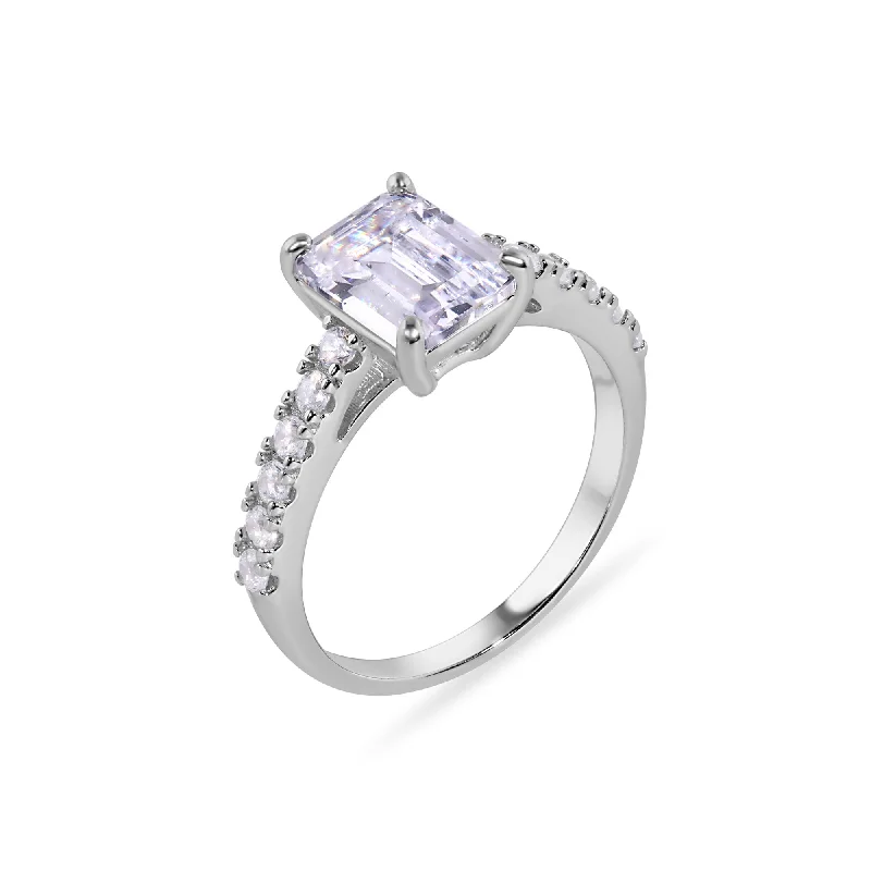 Rhodium Plated 925 Sterling Silver Baguette Center CZ Stone Ring - GMR00405