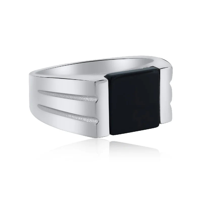 Men's Sterling 925 Sterling Silver Rhodium Square Black Onyx Ring - GMR00342