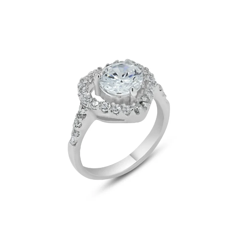 Rhodium Plated 925 Sterling Silver Clear Center CZ Heart Bridal Ring - BGR00390