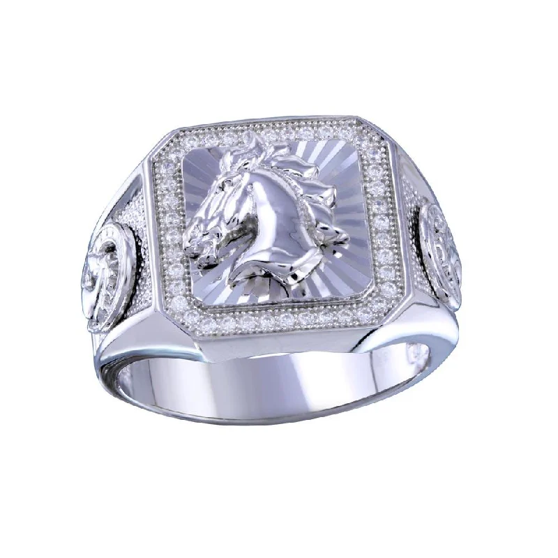 Rhodium Plated 925 Sterling Silver Men's Stallion Statement CZ Ring - GMR00239RH