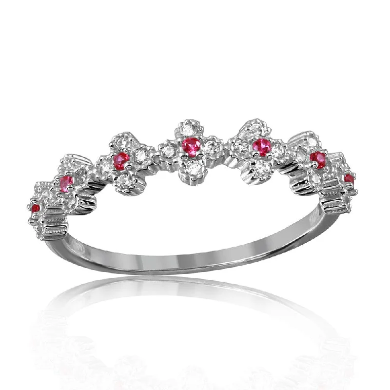 Silver 925 Rhodium Plated Clover Band with Red CZ Stones - GMR00129R