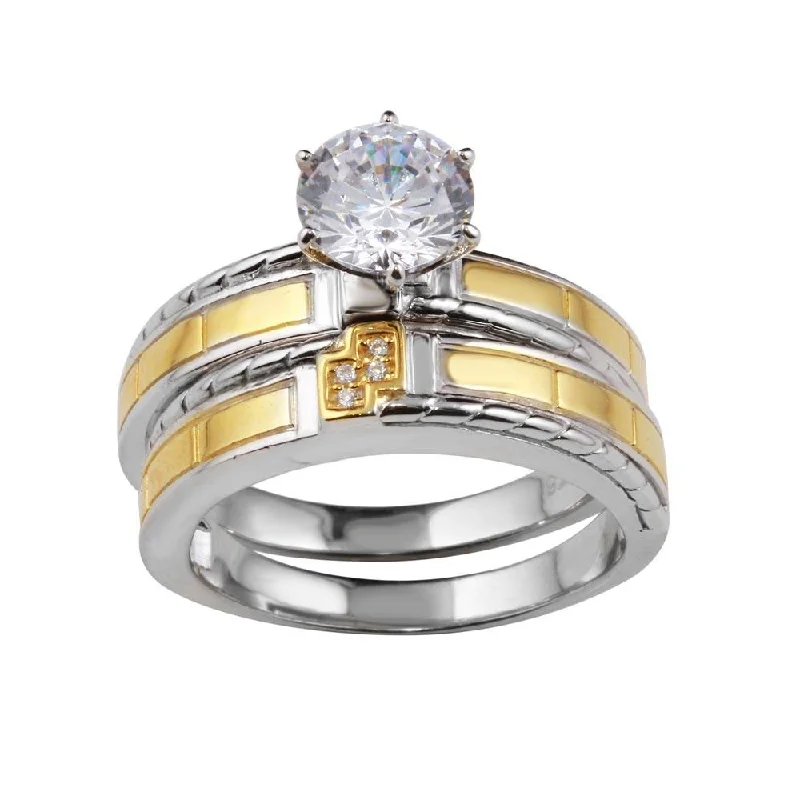 Two-Tone 925 Sterling Silver His and Hers Ring Set with CZ - GMR00257RG