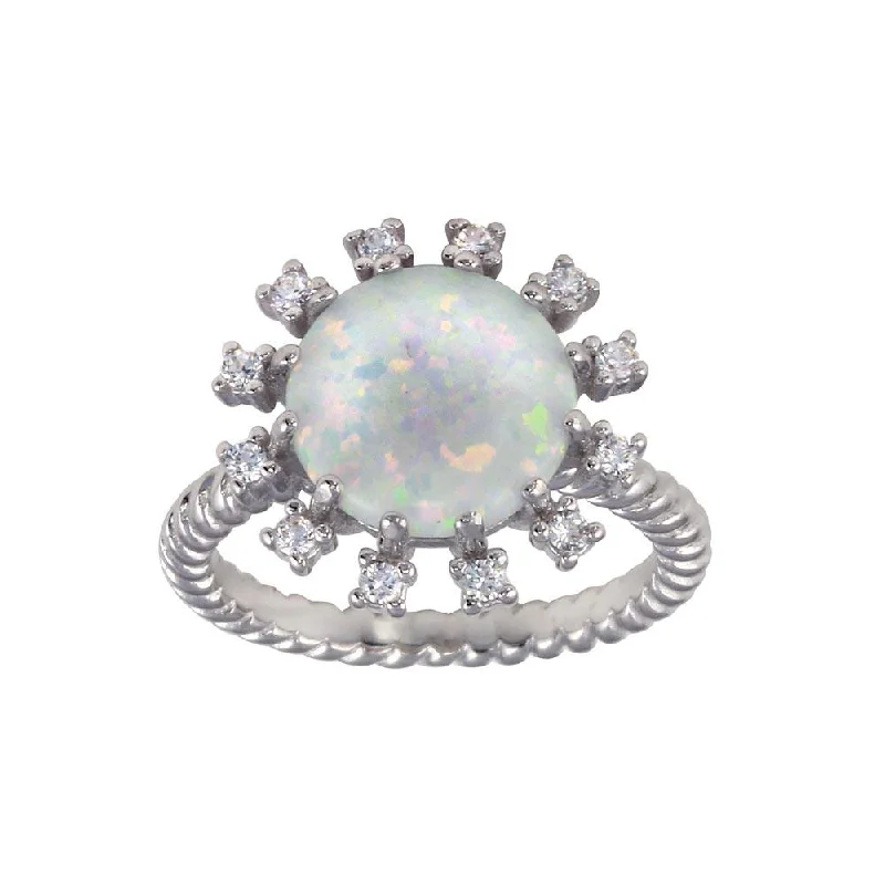 Rhodium Plated 925 Sterling Silver Round Flower Opal Stone Ring - BGR01297