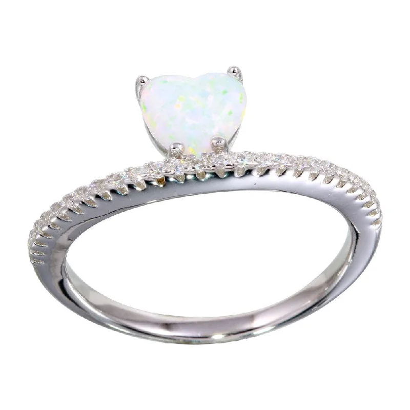 Rhodium Plated 925 Sterling Silver Semi Eternity Band with Opal Heart Ring - BGR01134