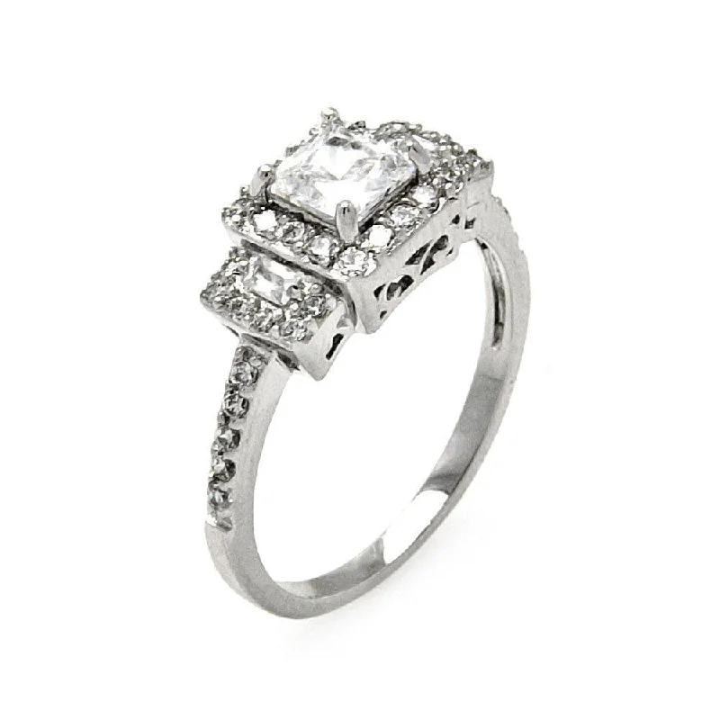 Silver 925 Rhodium Plated Clear Square Center Baguette Round Cluster CZ Bridal Ring - BGR00471