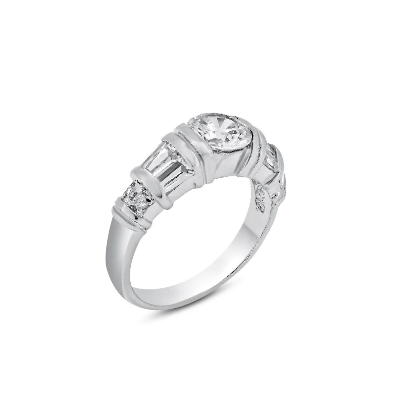 Rhodium Plated 925 Sterling Silver Clear Baguette Round CZ Ring - BGR00007