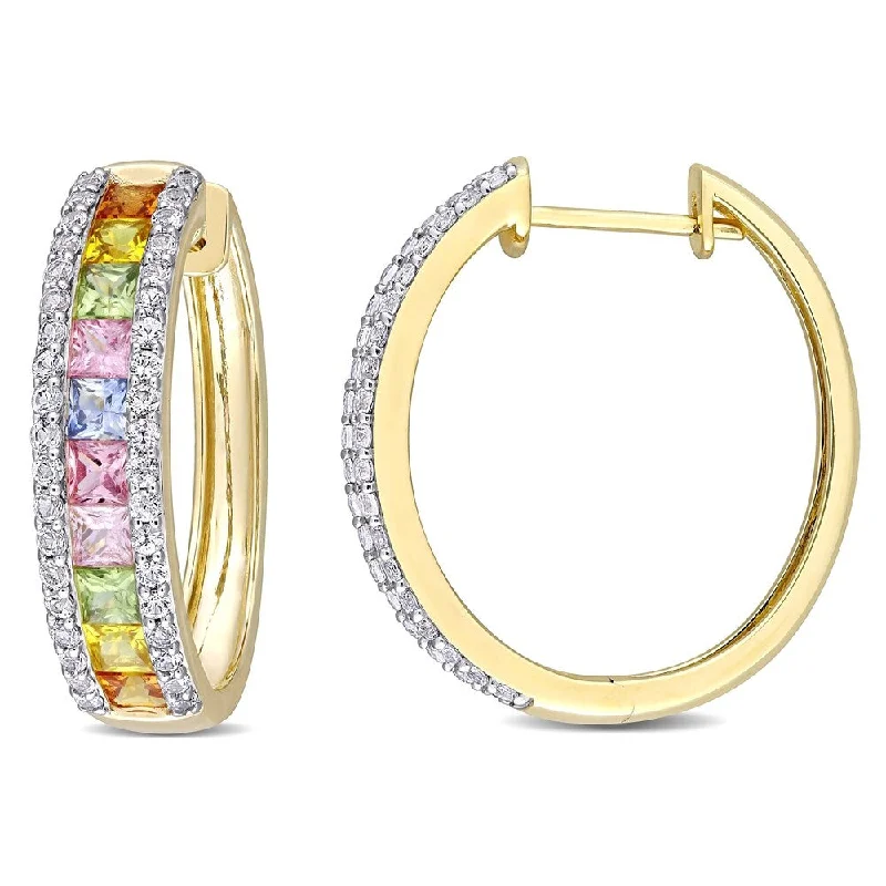 Miadora 14k Yellow Gold Square-Cut Multi-Color Sapphire 3-Row Hoop Earrings