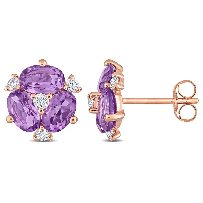 Miadora Oval-cut African-Amethyst and 1/5ct TDW Diamond Floral Stud Earrings 14k Rose Gold