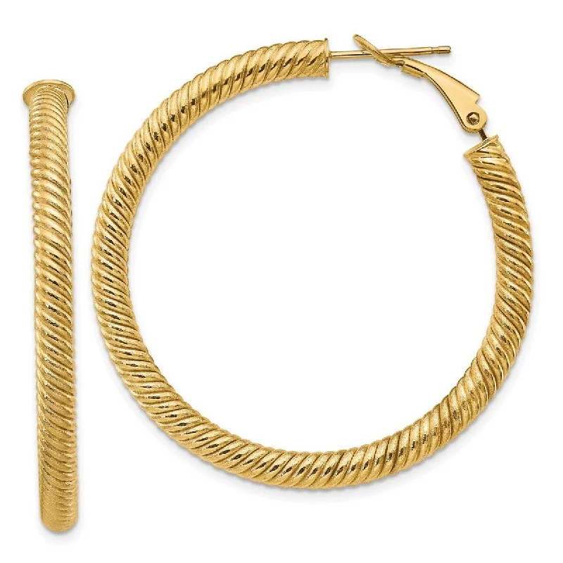 Curata 14k Yellow Gold 4x35 Twisted Round Omega Back Hoop Earrings