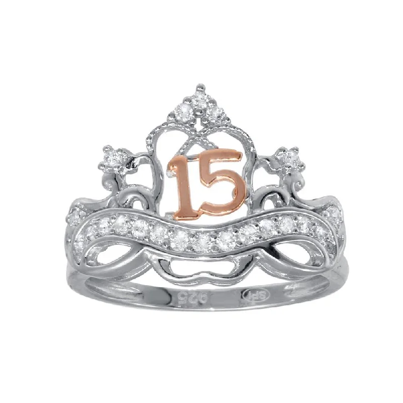 Two-Tone Sterling Silver CZ Quinceanera Crown Ring - GMR00307RHR