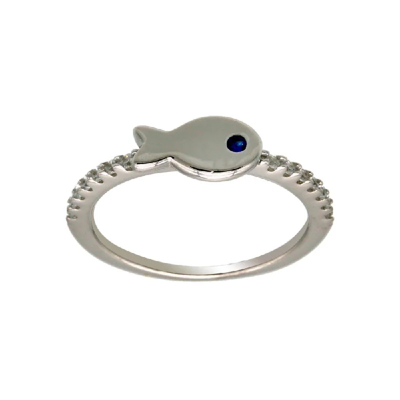 Rhodium Plated 925 Sterling Silver Fish Ring with CZ Shank - BGR01296