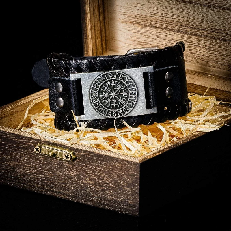 Bracelet en cuir Noir - Rune Viking