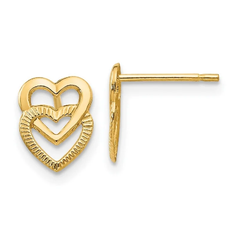 Curata 14k Yellow Gold Textured/Polished Double Heart Post Stud Earrings (6mmx9mm) - White