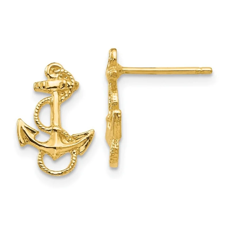 Curata 14k Yellow Gold Textured Rope and Anchor Post Stud Earrings (9mmx12mm) - White