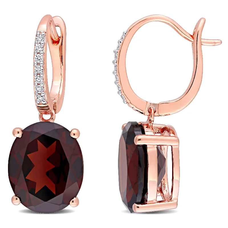 Miadora Oval-cut Garnet and 1/10ct TDW Diamond Drop Earrings in 14k Rose Gold