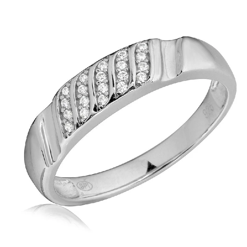 Rhodium Plated 925 Sterling Silver Men's Sideways Stone Design Wedding Ring - GMR00165