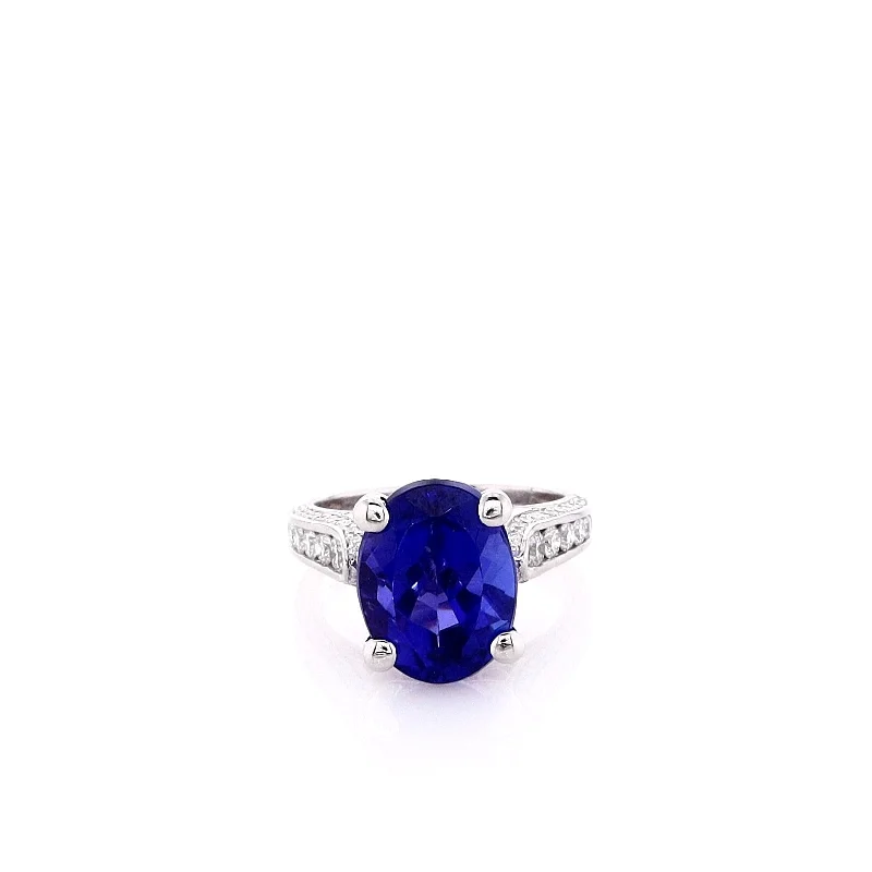 Estate Michael M 18k White Gold 5.75ct Oval Tanzanite and Diamond Ring