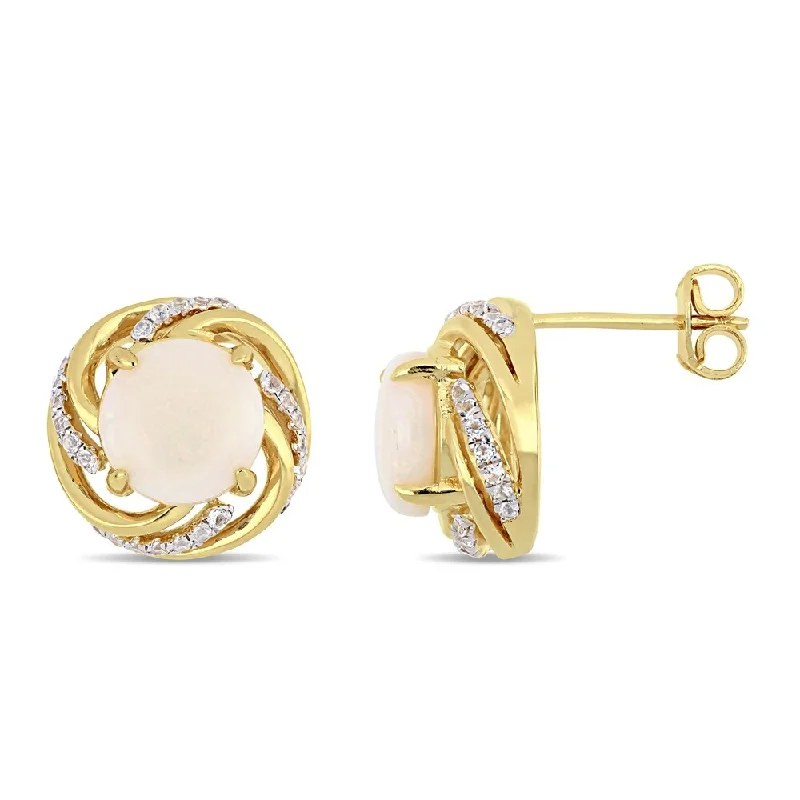 Miadora Yellow Plated Sterling Silver Opal and White Topaz Swirl Stud Earrings