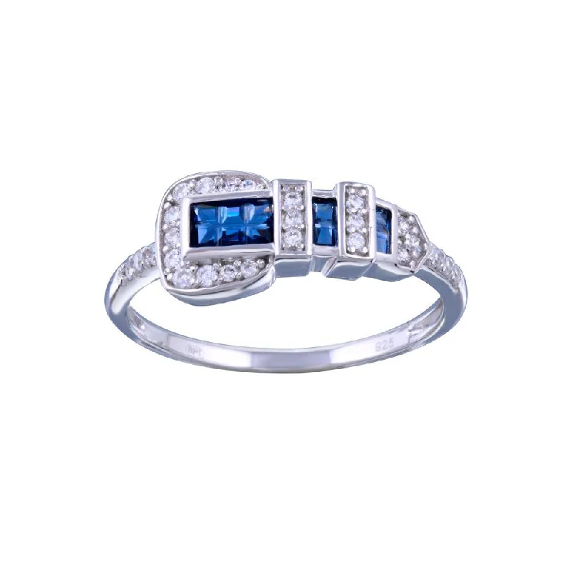 Rhodium Plated 925 Sterling Silver Blue and Clear CZ Belt Ring - GMR00319BLU