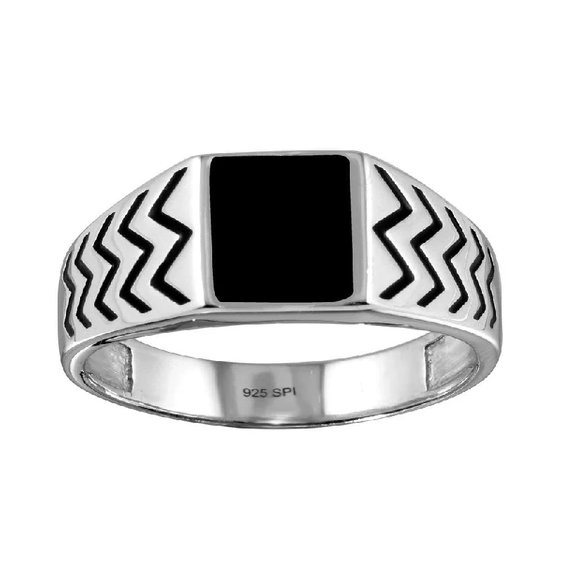 Rhodium Plated 925 Sterling Silver Black Enamel Zig Zag Design Shank Ring - SOR00004