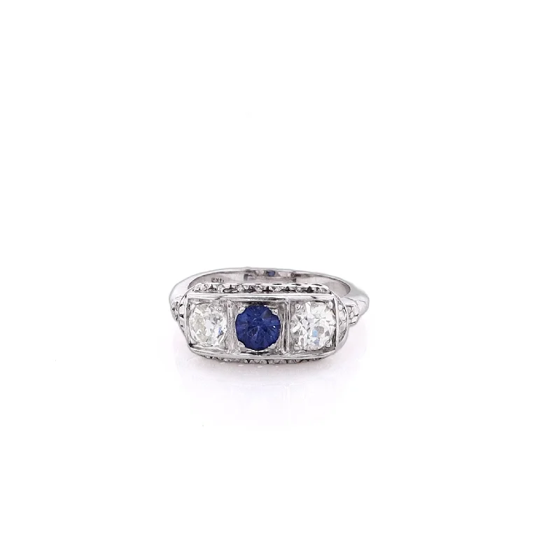 Estate 14 Karat White Gold Filagree Sapphire and Diamond Ring