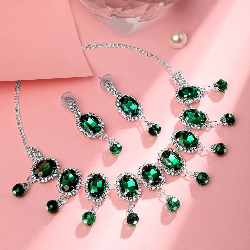 Shrishti Fashion Charming Oval Shape Green Stone Silver Plated Choker Necklace Set For Women