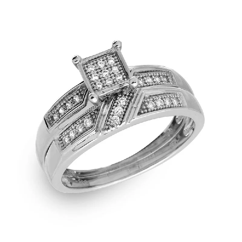 Silver 925 Rhodium Plated Square Pave Center Trio Bridal Ring - GMR00172