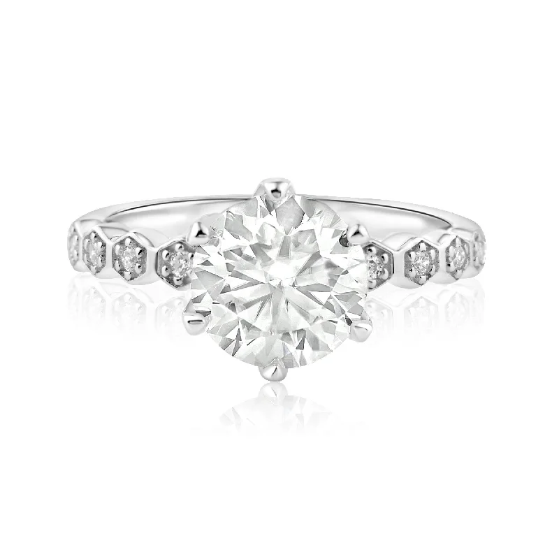 Rhodium Plated 925 Sterling Silver 2 Carat Round Moissanite and Clear CZ Ring - MBGR00006