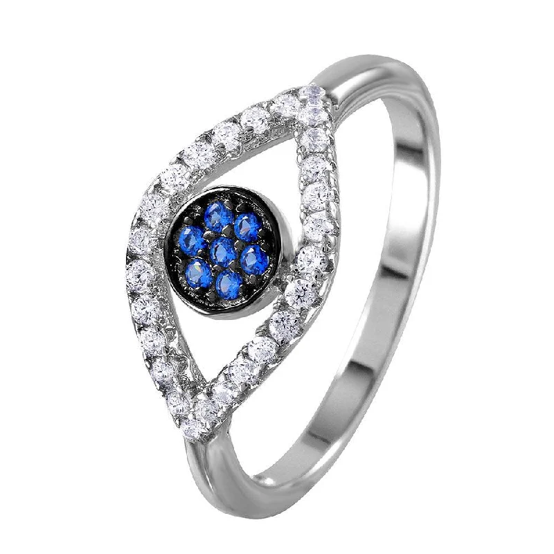 Silver 925 Rhodium Plated Open Evil Eye Ring with Blue Center Stones - BGR01024