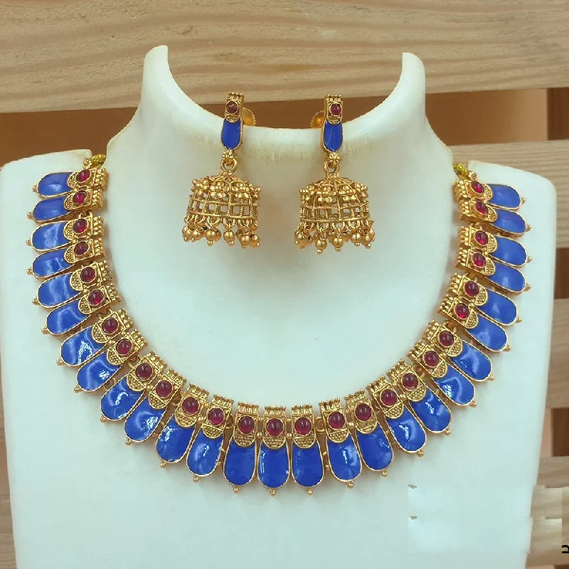 Joyful Jewel Art Matte Gold Plated Pota Stone And Meenakari Necklace Set