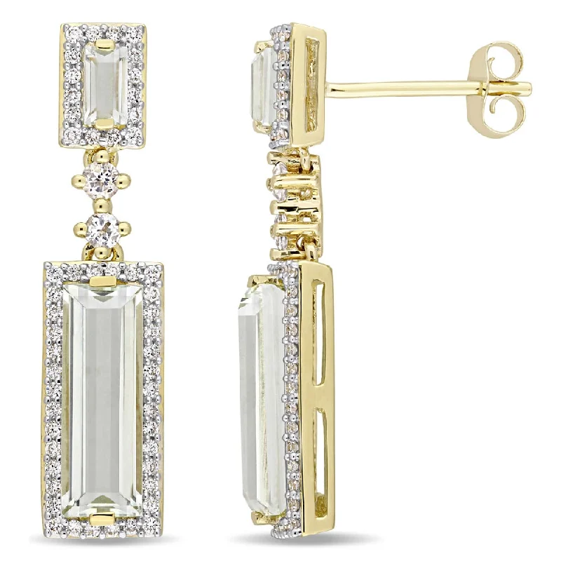 Miadora Signature Collection 14k Yellow Gold Baguette-Cut Green Amethyst and 1/3ct TDW Diamond Two-Tier Dangle Earrings