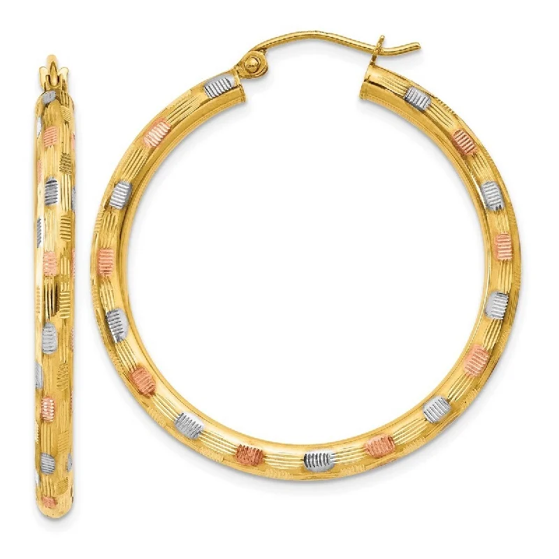 Curata 14k Tri Color Gold 39x3mm Textured Station Hoop Earrings