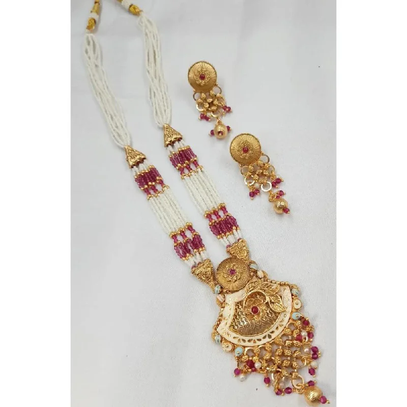 Akruti Collection Gold Plated Pota Stone And Pearls Long Necklace Set