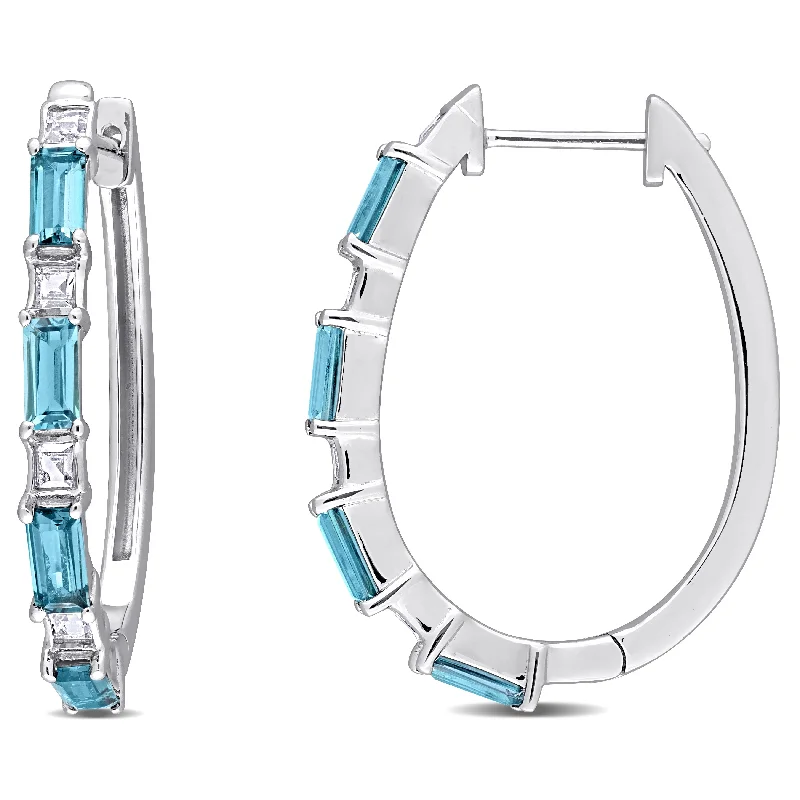 Miadora Sterling Silver London-Blue and White Topaz Oval Hoop Earrings