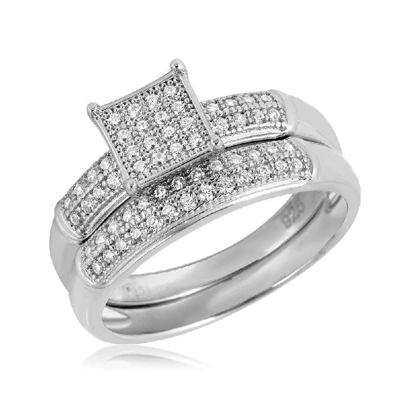 Silver 925 Rhodium Plated Square Design Micro Pave Bridal Ring - GMR00116